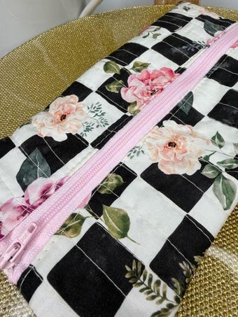 Black and White Checkered Floral Multi-Purpose Pouch — Bible covers, journal covers, handmade unique gifts