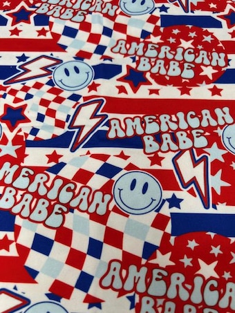 American Babe DBP Fabric: Patriotic Smiley Print Knit - Fourth of July on double brushed poly fabric