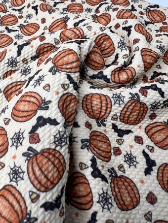 Brittney Frost Pumkins & Bats Halloween Bullet Fabric on bullet liverpool knit fabric