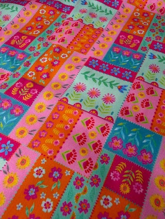 Retro Folk Art Patchwork 100% Cotton Fabric on 100% woven cotton fabric