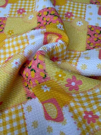 Lemon Patchwork Bullet Fabric on bullet liverpool knit fabric