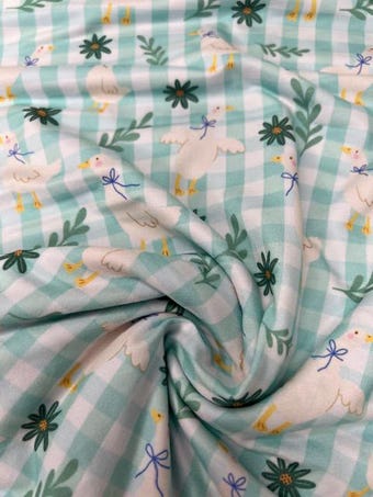 Goose & Gingham DBP Fabric - 58-60" Wide Soft Knit - Teal Plaid and Daisy Print-Will not ship until first week in March. on double brushed poly fabric