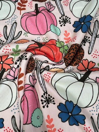 Boho Autumn Rib Knit - Textured Knit with Colorful Pumpkins & Flowers by the Yard on rib knit fabric