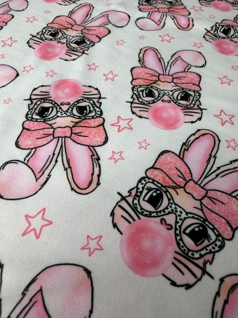 Bubble Gum Bunny on a Super Soft DBP Knit Fabric on double brushed poly fabric
