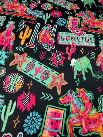 Neon Black Cowgirl Spandex Fabric on other fabric