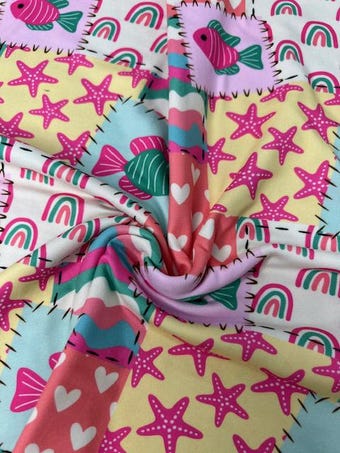 Mermaid Patchwork DBP Fabric - 58-60" Wide Soft Knit - Ocean Life & Rainbow Print on double brushed poly fabric