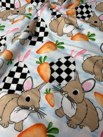 Bunnies & Checkered Easter Eggs DBP Knit Fabric on double brushed poly fabric