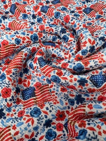 Patriotic Floral Bullet Knit Fabric - 4th of July Flag & Flower Print - Red on bullet liverpool knit fabric