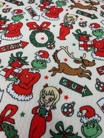Christmas Mischief on bullet liverpool knit fabric