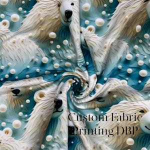May include: Fabric with a repeating pattern of polar bear faces and white bubbles on a blue and white background. The fabric has the text "Custom Fabric Printing DBP".