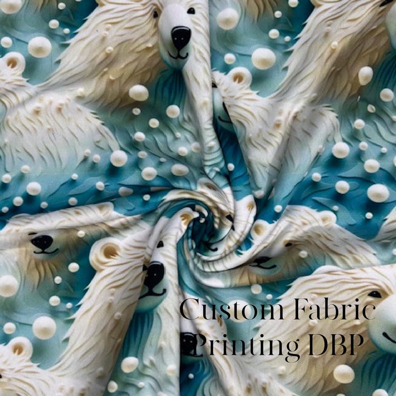 May include: Fabric with a repeating pattern of polar bear faces and white bubbles on a blue and white background. The fabric has the text "Custom Fabric Printing DBP".