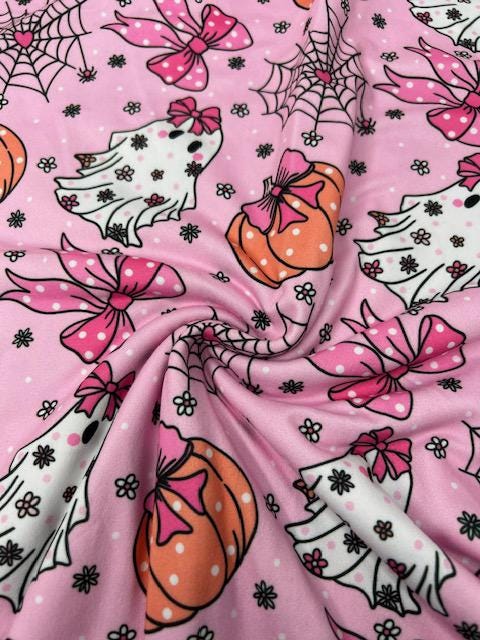 Pink Halloween Bows & Ghost DBP Fabric - 58-60" Wide Soft Knit - Spooky Cute Print