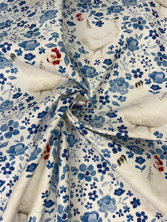 Chicken Quilting Cotton: Floral Blue Fabric on 100% woven cotton fabric