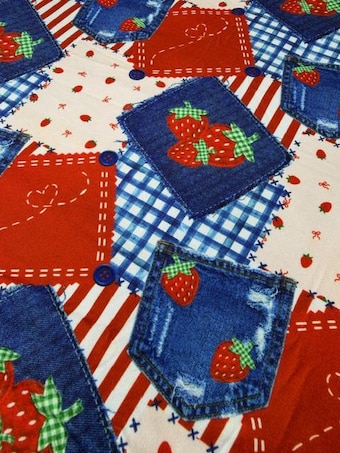 Patriotic Denim Strawberry Patches on double brushed poly fabric