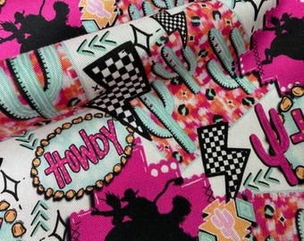Neon Howdy Western Cotton Fabric, Pink and Turquoise Bronco Rider Print, 100% Cotton 60" Wide, Punchy Western Quilting Fabric, Continuous