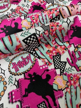 Neon Howdy Western Cotton Fabric on 100% woven cotton fabric