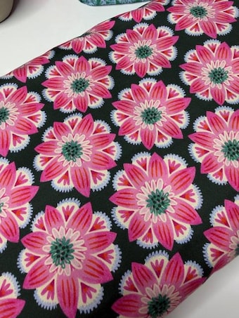 Bold Pink Floral Cotton Fabric - Bright Blooms on Black Background by the Yard on 100% woven cotton fabric