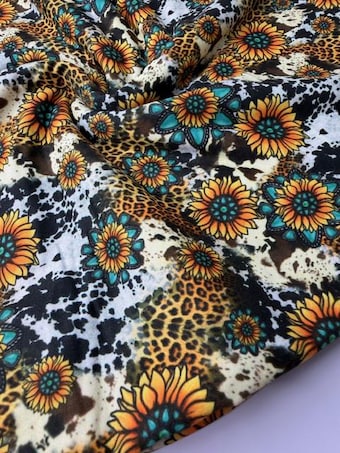 Leopard Cowhide Sunflower Western DBP Fabric by the Yard on double brushed poly fabric
