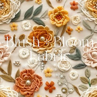 Boho Floral Pearls DBP Knit Fabric: 4-Way Stretch Cottage Core-FAUX EMBROIDERY on double brushed poly fabric