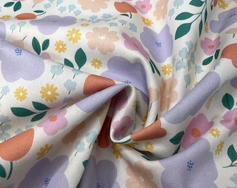 Pastel Floral Cotton Fabric - Lavender, Peach & Pink Blooms - 60" Wide 4oz Quilting Cotton