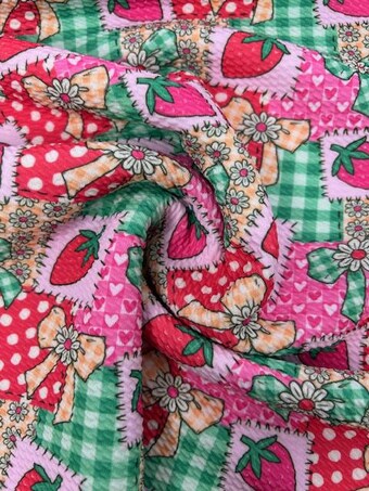 Strawberry Patchwork Bullet Fabric on bullet liverpool knit fabric