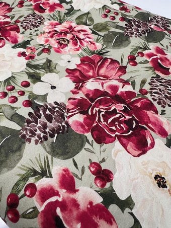 Christmas Floral Cotton Fabric - 58-60" Wide 4oz Quilting Cotton - Holiday Rose on 100% woven cotton fabric