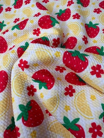 Strawberry Lemonade Bullet Fabric on bullet liverpool knit fabric