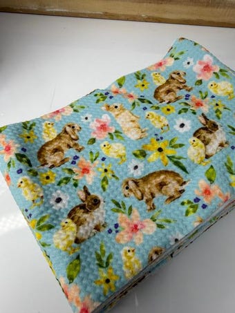 Blue Easter Bunny & Chick Bullet Fabric Bow Strip on bullet liverpool knit fabric