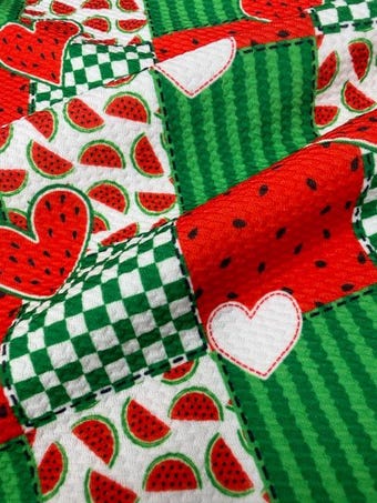 Watermelon Heart Patchwork Bullet Fabric on bullet liverpool knit fabric