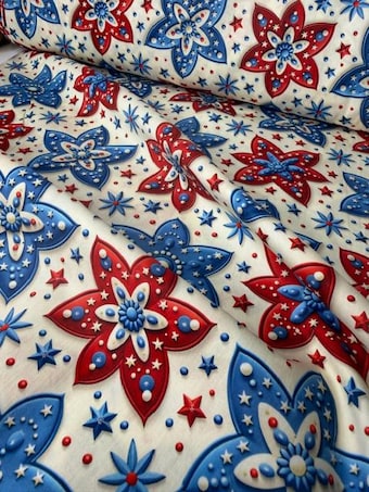 Patriotic 3D Floral Cotton Fabric on 100% woven cotton fabric