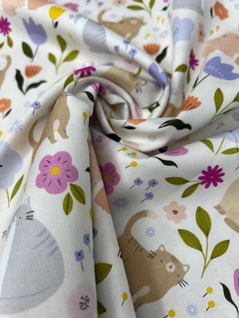 Cat & Floral Cotton Fabric: Whimsical Quilting Material on 100% woven cotton fabric