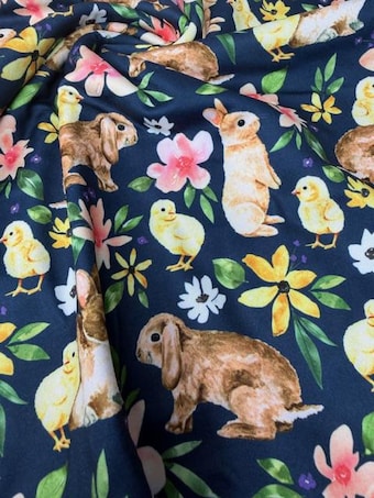 Bunnies and Chickens DBP Fabric on double brushed poly fabric