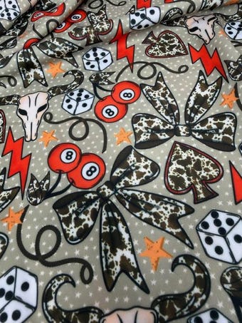 Retro Rockabilly Western Spandex Fabric - Cow Print & Lucky 8 Ball Design on other fabric