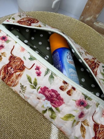 Quilted Highland Cow Makeup Bag — Bible covers, journal covers, handmade unique gifts
