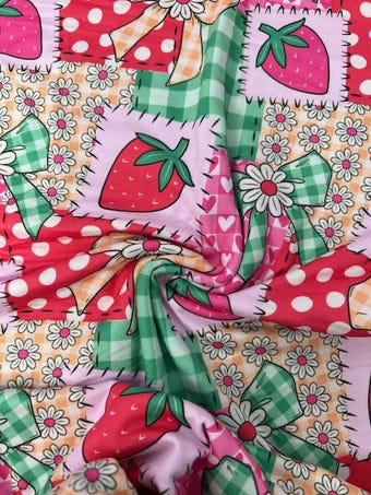 Strawberry Coquette Bows DBP Fabric: Patchwork Print on double brushed poly fabric
