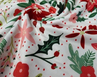 Christmas Floral Poinsettia Motif Fabric, Adorable Christmas Florals in a Super Soft and Stretchy Knit Fabric, In Stock and Ships Fast!
