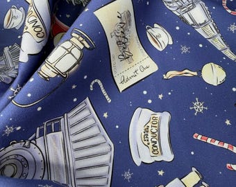 Magical Express Train 100% Cotton Fabric by the Yard | Christmas Cotton Fabric | Blue Christmas Conductor Ticket Print | Christmas Fabric
