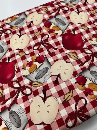 Autumn Harvest Apple Cotton Fabric - Red & White Gingham Quilt Print - Farm Fresh Fall Fabric on 100% woven cotton fabric