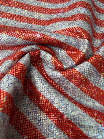 Red & Silver Holographic Stripe Spandex on swim fabric