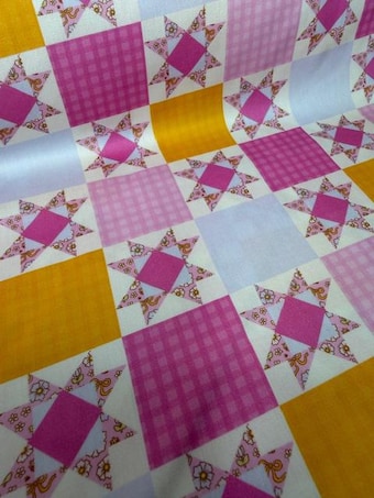 Pink and Gold Patchwork Cotton Fabric on 100% woven cotton fabric