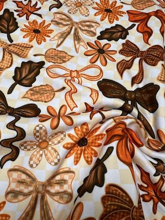 Autumn Bows and Leaves DBP Fabric on double brushed poly fabric