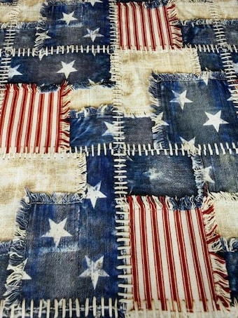 Rustic Denim Patchwork 100% Cotton Fabric on 100% woven cotton fabric