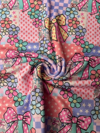 Coquette Patchwork DBP Fabric: Bows & Floral Print - Soft Knit on double brushed poly fabric