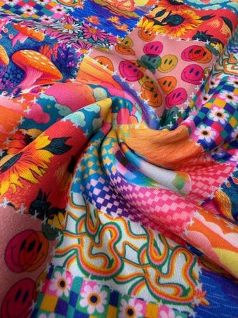 Retro Psychedelic Patchwork DBP Fabric on double brushed poly fabric