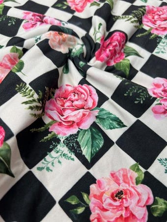 Checkerboard Roses Super Soft & Stretchy DBP Fabric on double brushed poly fabric