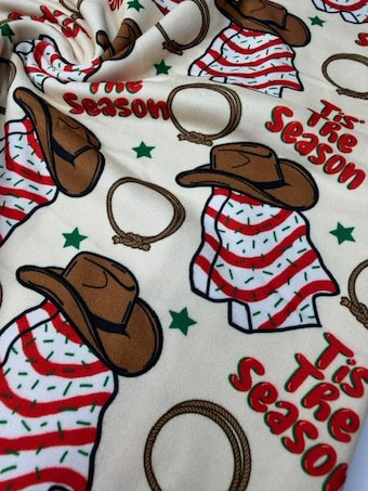 Cowboy Christmas Cakes Super Soft Knit DBP Fabric on double brushed poly fabric
