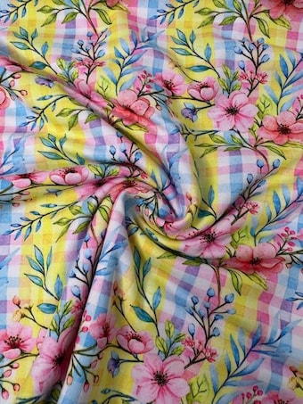 Back to School Blooms DBP - Double Brushed Polyester Knit - Checkered Print & Floral by the Yard on double brushed poly fabric