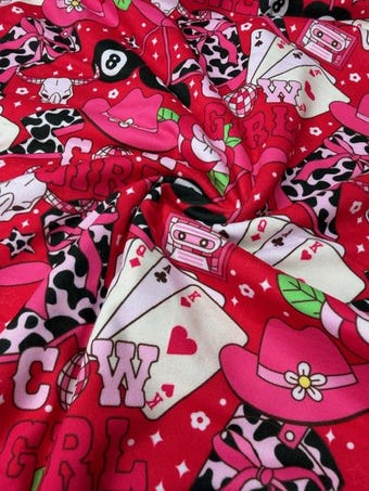 Cowgirl Casino Super Soft & Stretchy DBP Knit Fabric - Hot Pink Cowgirl Rodeo Print on double brushed poly fabric