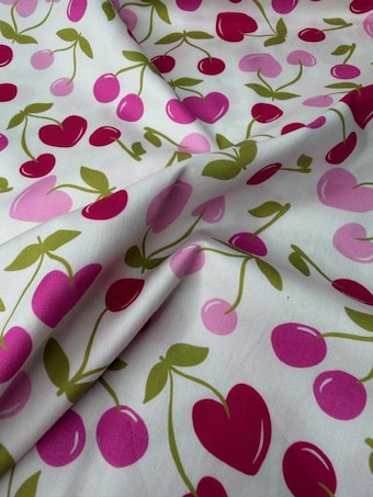 Beautiful Cherry Hearts Quilting Cotton on 100% woven cotton fabric