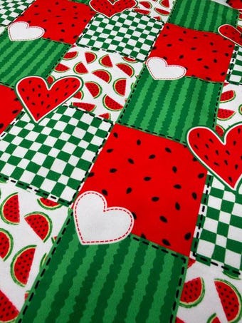 Watermelon Heart Patchwork DBP Fabric on double brushed poly fabric